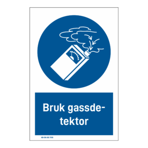 Påbud klistremerke: "Bruk gassdetektor" m/tekst under