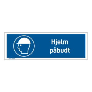 Påbudsskilt: "Hjelm påbudt" m/tekst liggende