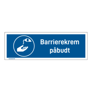 Påbudsskilt: "Barrierekrem påbudt" m/tekst liggende