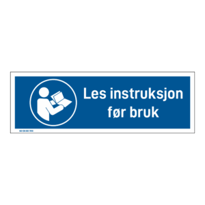 Påbud klistremerke: "Les instruksjon før bruk" m/tekst liggende