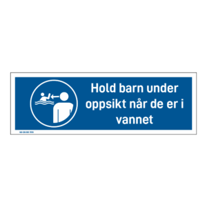Påbud klistremerke: "Hold barn under oppsyn når de er i vannet" m/tekst liggende