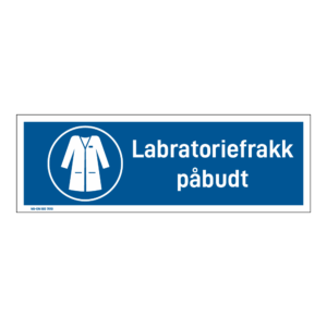Påbud klistremerke: "Labratoriefrakk påbudt" m/tekst liggende