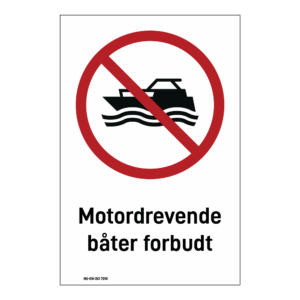 Forbudsskilt: "Motordrevende båter forbudt" m/tekst