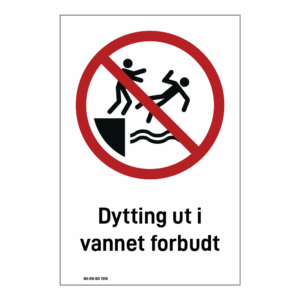Forbudsskilt: "Dytting ut i vannet forbudt" m/tekst