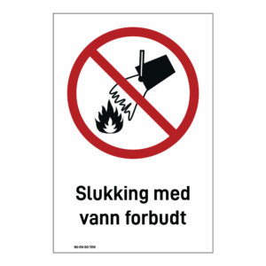 Forbud klistremerke: "Slukking med vann forbudt" m/tekst