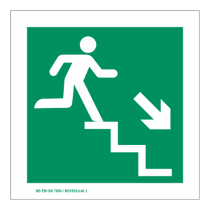Rømningsskilt: Løpende mann trapp ned
