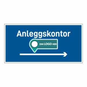 Anleggsområde skilt: "Anleggskontor" m/pil høyre. Med logo