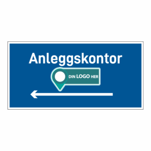Anleggsområde skilt: "Anleggskontor" m/pil venstre. Med logo