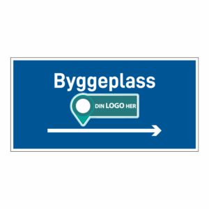 Anleggsområde skilt: "Byggeplass" m/pil høyre. Med logo