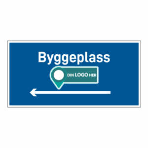 Anleggsområde skilt: "Byggeplass" m/pil venstre. Med logo