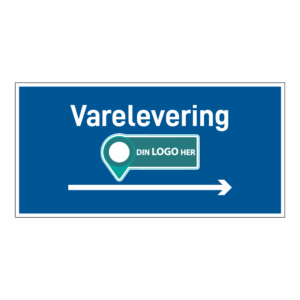 Anleggsområde skilt: "Varelevering" m/pil høyre. Med logo