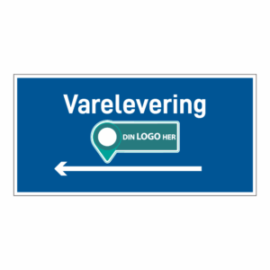Anleggsområde skilt: "Varelevering" m/pil venstre. Med logo
