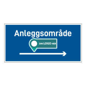 Anleggsområde skilt: "Anleggsområde" m/pil høyre. Med logo