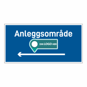 Anleggsområde skilt: "Anleggsområde" m/pil venstre. Med logo
