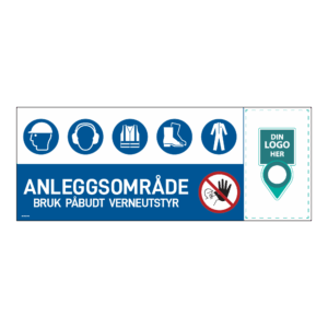 Anleggsområde banner: "Anleggsområde, bruk påbudt verneutstyr". Med logo høyre side
