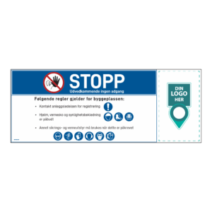Anleggsområde banner: "Stopp, ingen adgang". Med logo høyre side