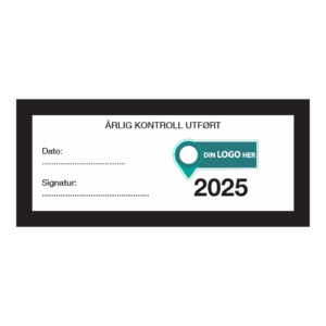 Kontrollmerker: "Årlig kontroll utført, 2025" Sort. Med logo