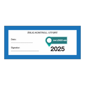 Kontrollmerker: "Årlig kontroll utført, 2025" Blå. Med logo