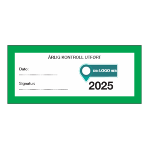 Kontrollmerker: "Årlig kontroll utført, 2025" Grønn. Med logo