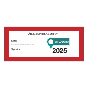 Kontrollmerker: "Årlig kontroll utført, 2025" Rød. Med logo