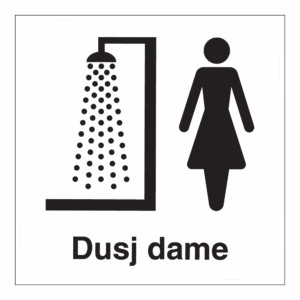 Informasjonsskilt: "Dusj dame" m/tekst
