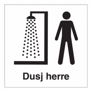 Informasjonsskilt: "Dusj herre" m/tekst
