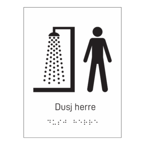 Informasjonsskilt: "Dusj herre" m/ taktilt trykk