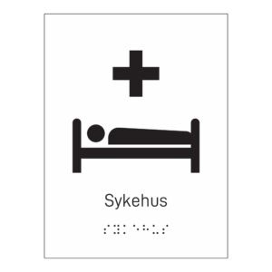 Informasjonsskilt: "Sykehus" m/ taktilt trykk