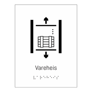 Informasjonsskilt: "Vareheis" m/ taktilt trykk