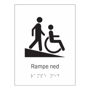 Informasjonsskilt: "Rampe går ned" m/ taktilt trykk