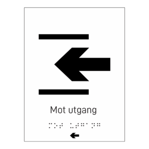 Informasjonsskilt: "Mot utgang 1" m/ taktilt trykk