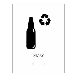 Informasjonsskilt: "Resirkulering glass" m/ taktilt trykk