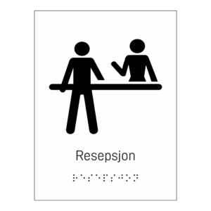 Informasjonsskilt: "Resepsjon" m/ taktilt trykk