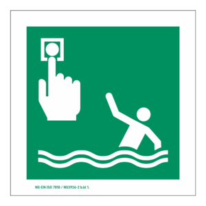 Rømningsskilt: Alarmknapp - person over bord