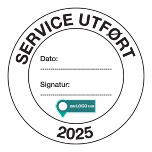 Kontrollmerker: "Service utført, 2025" Hvit. Med logo