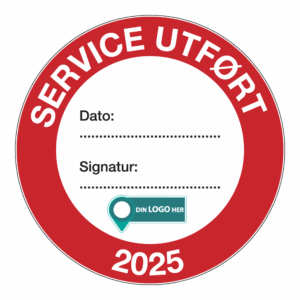 Kontrollmerker: "Service utført, 2025" Rød. Med logo