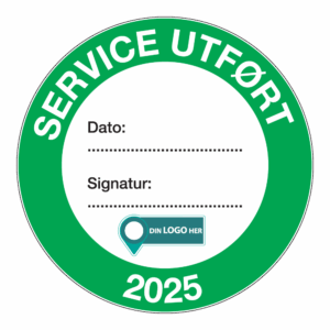 Kontrollmerker: "Service utført, 2025" Grønn. Med logo