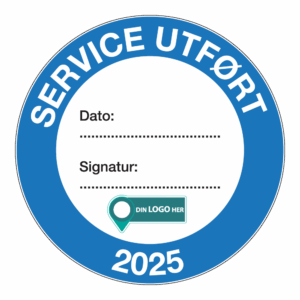 Kontrollmerker: "Service utført, 2025" Blå. Med logo